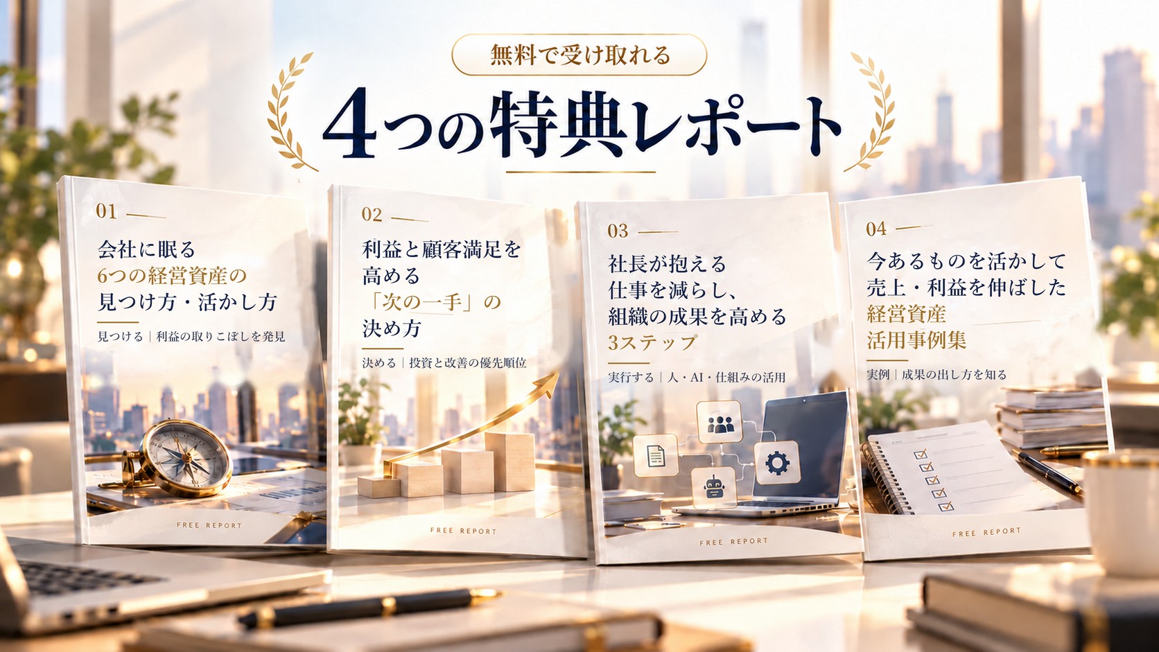 無料で受け取れる4つのレポート｜会社に眠る6つの経営資産の見つけ方・活かし方／利益と顧客満足を高める「次の一手」の決め方／社長が抱える仕事を減らし、組織の成果を高める3ステップ／今あるものを活かして売上・利益を伸ばした経営資産活用事例集