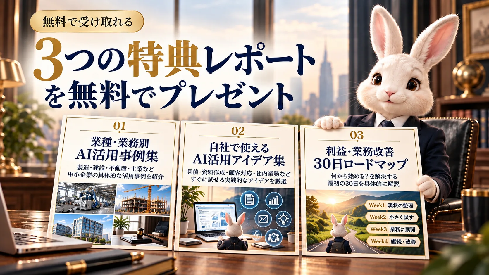 無料で受け取れる3つの特典レポート｜①業種・業務別 AI活用事例集／②自社で使える AI活用アイデア集／③利益・業務改善 30日ロードマップ