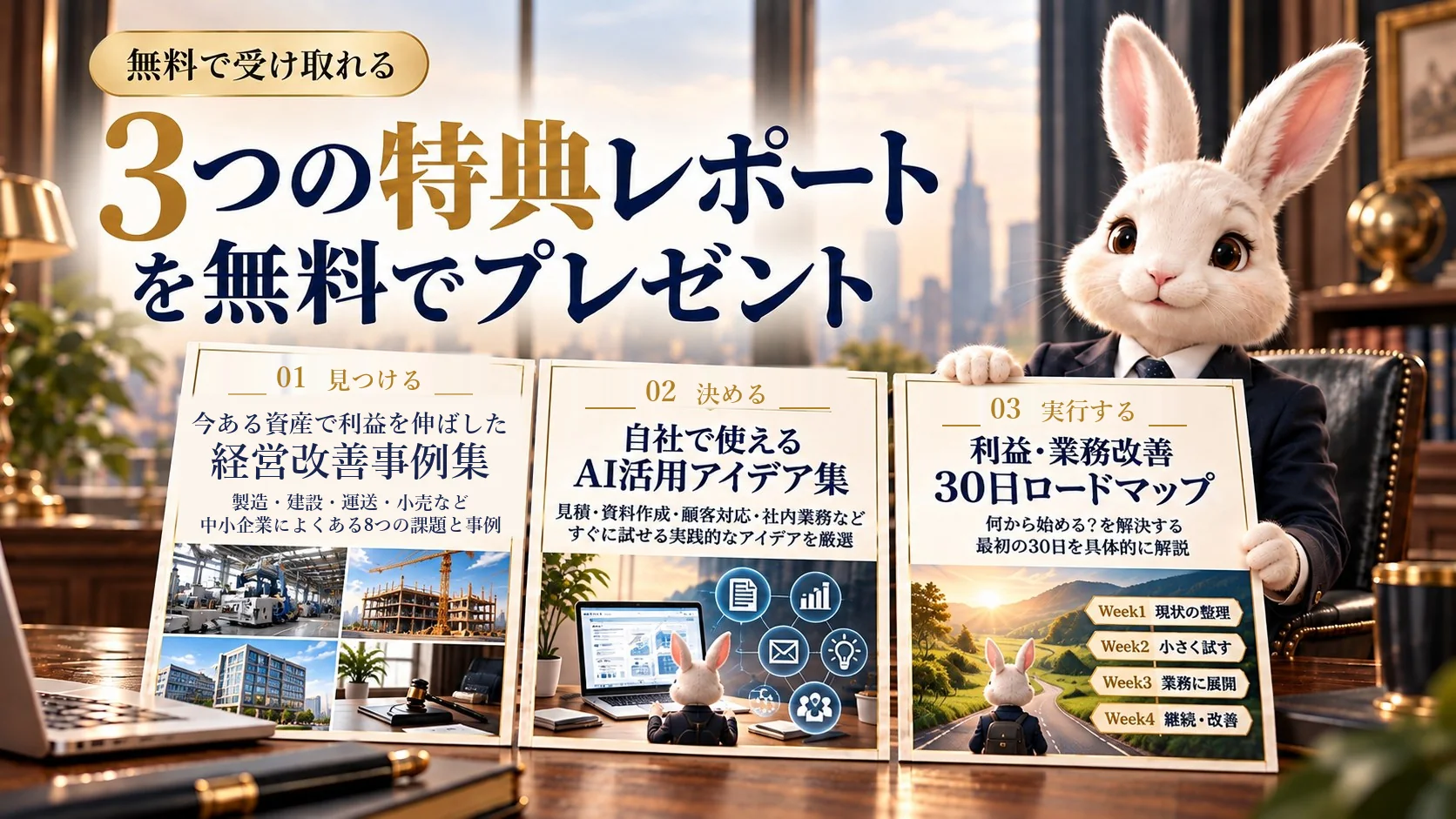 無料で受け取れる3つの特典レポート｜①今ある資産で利益を伸ばした 中小企業の経営改善事例集／②自社で使える AI活用アイデア集／③利益・業務改善 30日ロードマップ