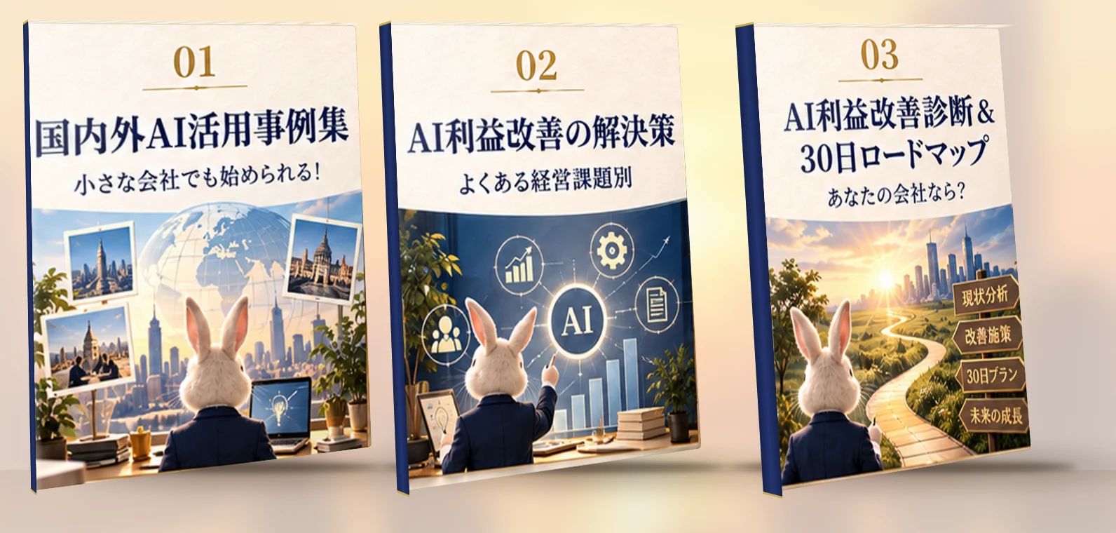 無料で受け取れる3大特典｜①小さな会社でも始められる！国内外AI活用事例集／②よくある経営課題別『AI利益改善の解決策』／③業務改善の優先順位を決める30日ロードマップ（ワーク）