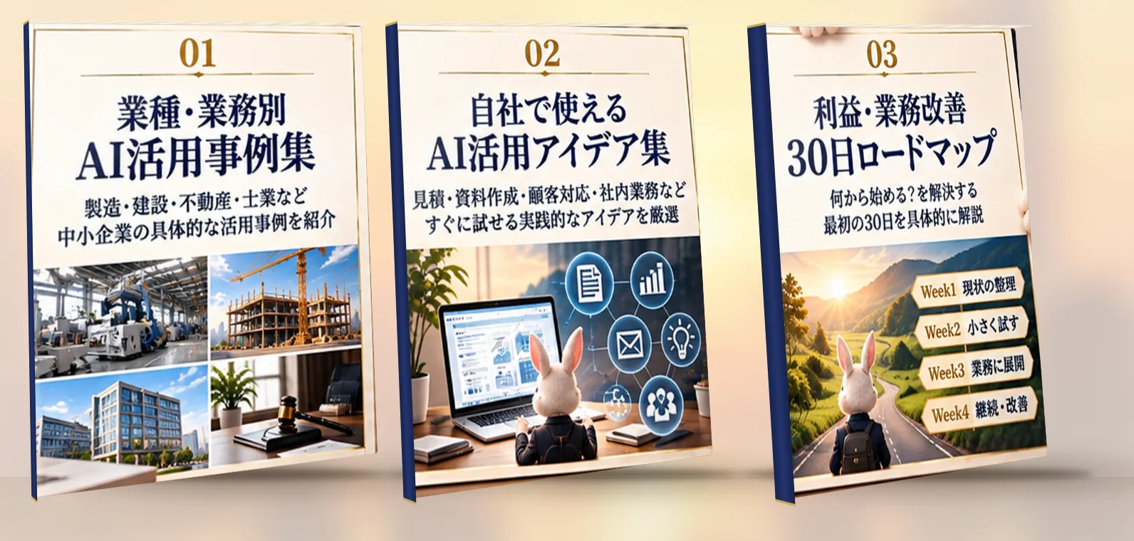 無料で受け取れる3つの特典レポート｜①業種・業務別 AI活用事例集／②自社で使える AI活用アイデア集／③利益・業務改善 30日ロードマップ