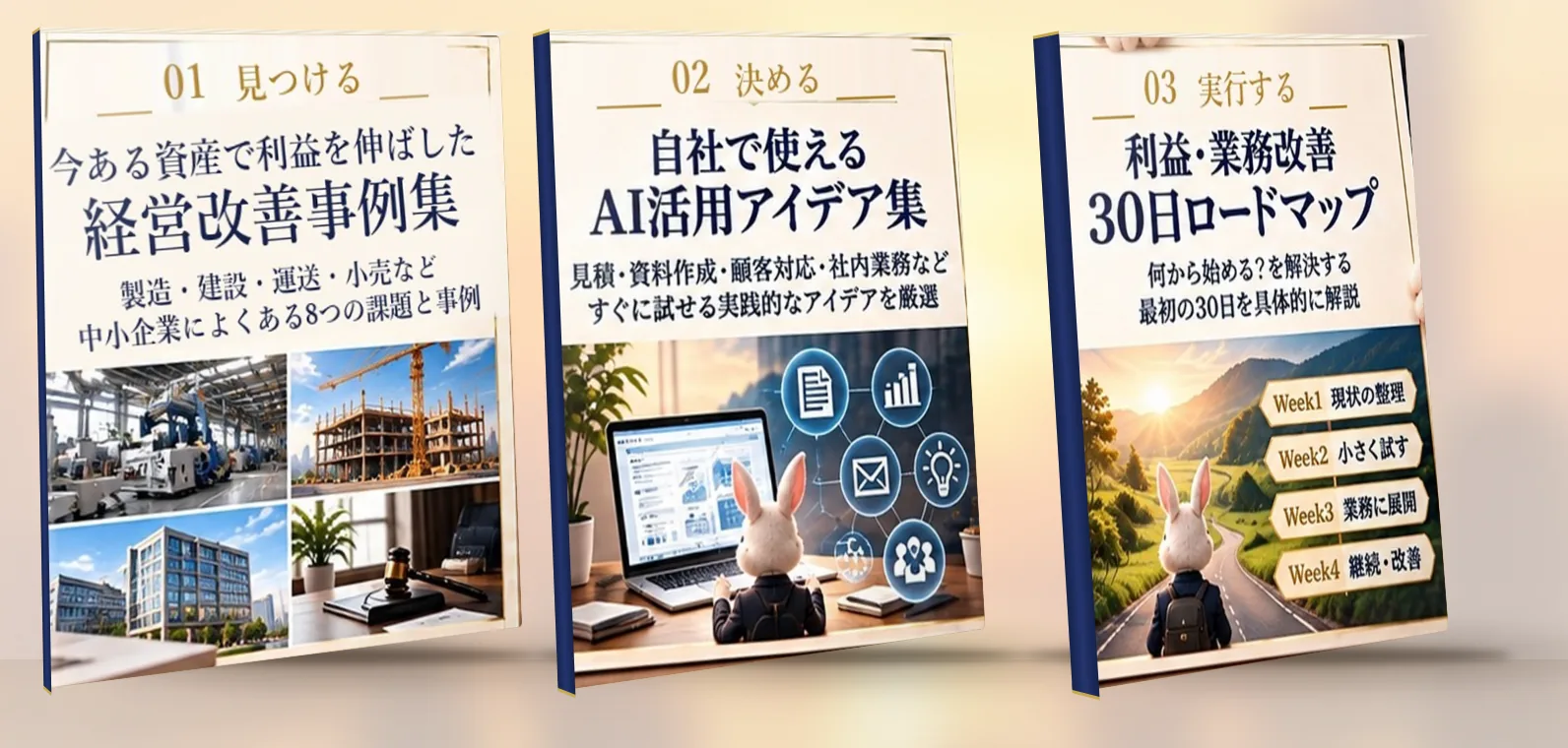 無料で受け取れる3つの特典レポート｜①今ある資産で利益を伸ばした 中小企業の経営改善事例集／②自社で使える AI活用アイデア集／③利益・業務改善 30日ロードマップ