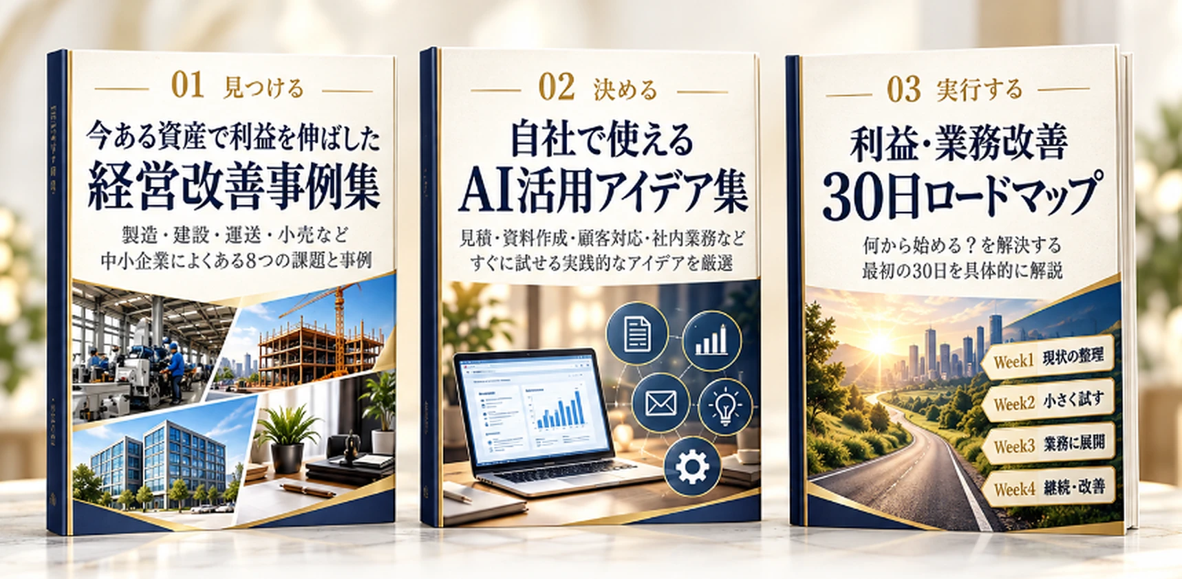 無料で受け取れる3つの特典レポート｜①今ある資産で利益を伸ばした 中小企業の経営改善事例集／②自社で使える AI活用アイデア集／③利益・業務改善 30日ロードマップ